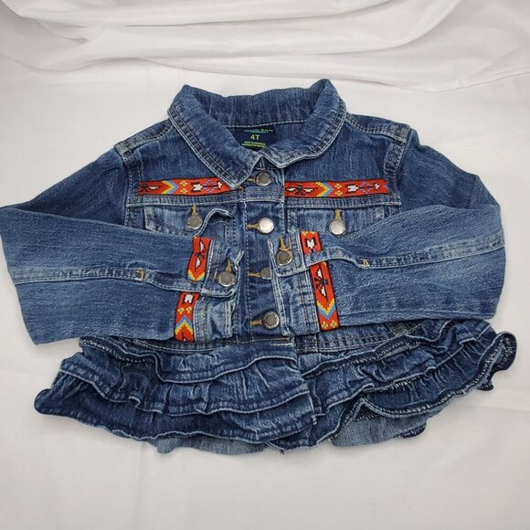 VTG Genuine Kids By OshKosh Girls 4T Denim Jean Jacket Southwestern Ruffle Hem - Picture 5 of 12